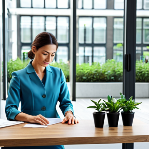 Home 14 A calm professional woman in a modest business dress, meticulously arranging potted plants on a sleek wooden desk in a bright, modern office with large windows. The scene emphasizes order and tranquility, reflecting stability and a grounded approach to tasks. Fully clothed, appropriate attire, safe for work, perfect anatomy, natural proportions, well-formed hands, proper finger count, natural body proportions, professional dress, high quality, appropriate content.