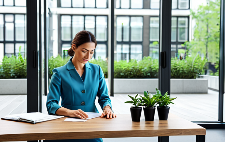 A calm professional woman in a modest business dress, meticulously arranging potted plants on a sleek wooden desk in a bright, modern office with large windows. The scene emphasizes order and tranquility, reflecting stability and a grounded approach to tasks. Fully clothed, appropriate attire, safe for work, perfect anatomy, natural proportions, well-formed hands, proper finger count, natural body proportions, professional dress, high quality, appropriate content.