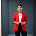 A confident young woman, fully clothed in a vibrant, tailored red blazer and dark professional trousers, standing in a brightly lit modern urban backdrop. Her posture is dynamic and self-assured, with a natural pose. She wears a minimalist gold necklace and a sleek watch. The image captures professional photography quality, showcasing perfect anatomy, correct proportions, natural body proportions, and well-formed hands. This is safe for work, appropriate content, modest clothing, and family-friendly.