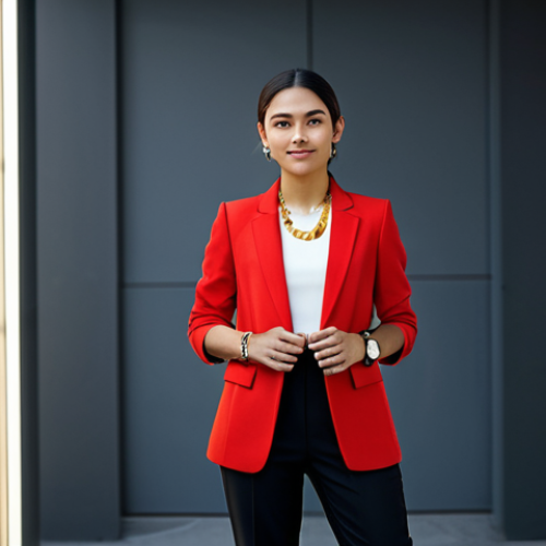 Home 7 A confident young woman, fully clothed in a vibrant, tailored red blazer and dark professional trousers, standing in a brightly lit modern urban backdrop. Her posture is dynamic and self-assured, with a natural pose. She wears a minimalist gold necklace and a sleek watch. The image captures professional photography quality, showcasing perfect anatomy, correct proportions, natural body proportions, and well-formed hands. This is safe for work, appropriate content, modest clothing, and family-friendly.