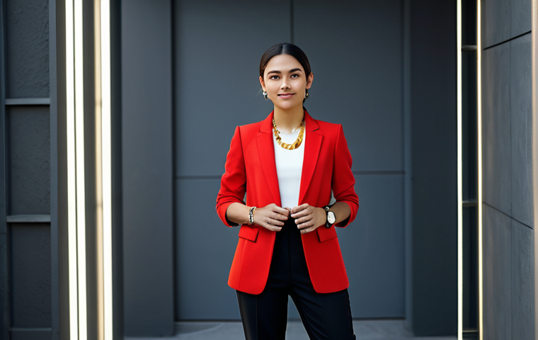 A confident young woman, fully clothed in a vibrant, tailored red blazer and dark professional trousers, standing in a brightly lit modern urban backdrop. Her posture is dynamic and self-assured, with a natural pose. She wears a minimalist gold necklace and a sleek watch. The image captures professional photography quality, showcasing perfect anatomy, correct proportions, natural body proportions, and well-formed hands. This is safe for work, appropriate content, modest clothing, and family-friendly.